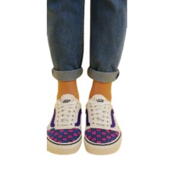 Vans Off the Wall Size 7 Checkered Design Canvas Shoes Pink Blue Purple Tennis - Picture 2 of 14